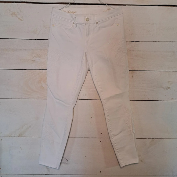 Lilly Pulitzer South Ocean Crop Jeans Resort White Size 6 Ocean Theme Stitch